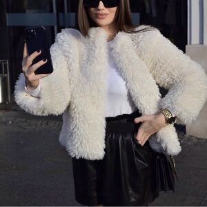 Zara Cream Ecru Faux Fur Shaggy Lambs Shearling Teddy Jacket Coat XSmall XS